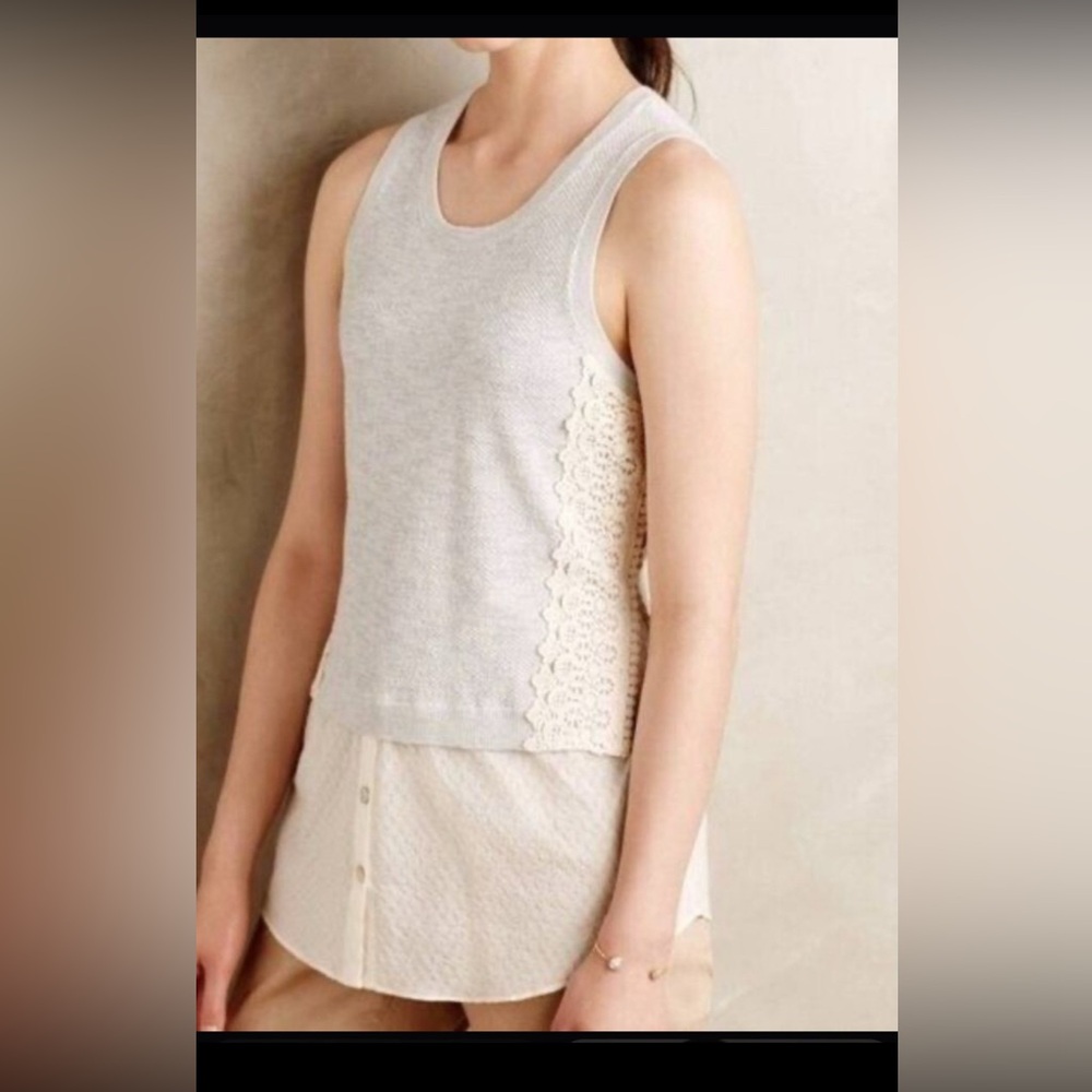 Anthropologie Gray and Cream Lace Trim Tank Top